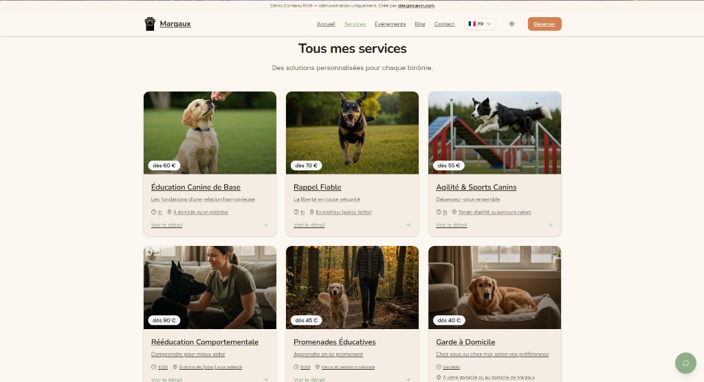 Exemple de page de services claire sur un prototype de site pour éducatrice canine